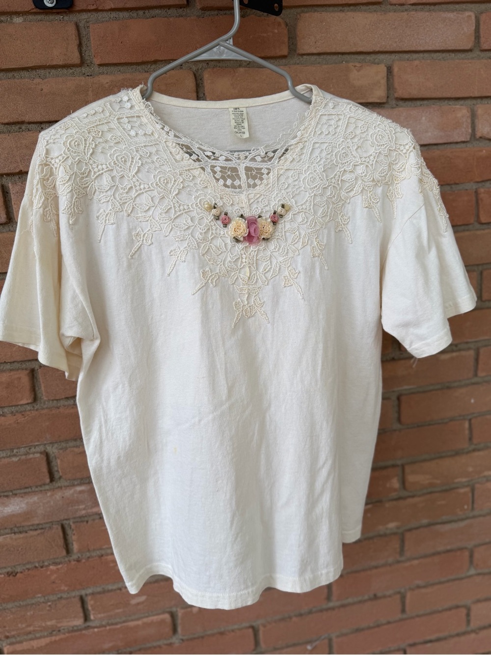 Women's Cream Lace Yoke Tee with Floral Accent
